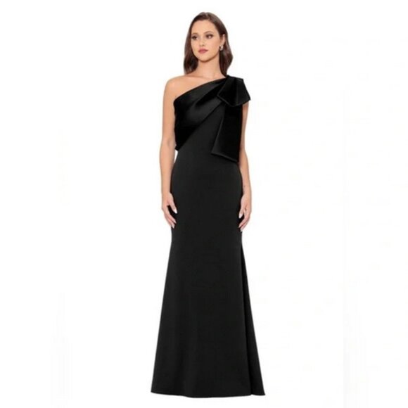Betsy & Adam Black Bow One-Shoulder Crepe Mermaid Gown - Picture 1 of 3
